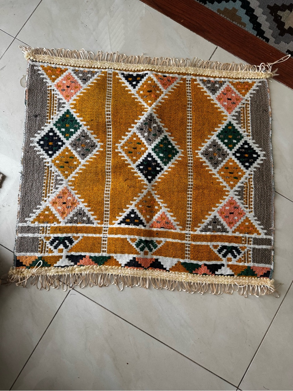 Handwoven Geometric Accent Rug in Mustard, Green & Pink